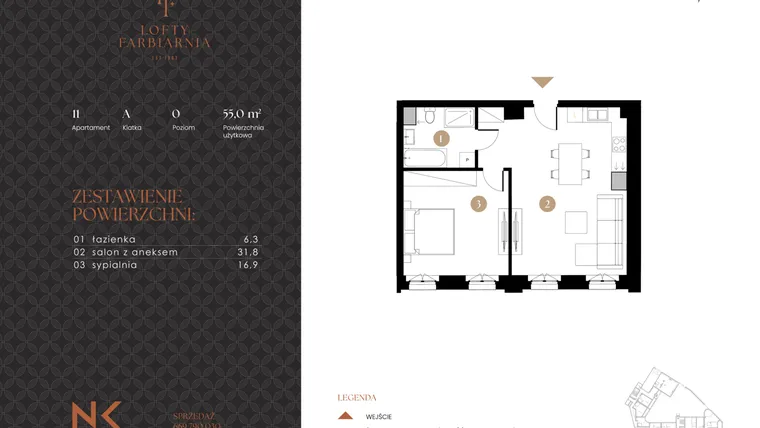 Rzut - Mieszkanie na sprzedaż 2 pokoje o powierzchni 55 m² - numer 11 w Lofty Farbiarnia