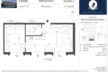 Rzut - Mieszkanie na sprzedaż 2 pokoje o powierzchni 48,71 m² - numer 1 w Przystań Bogaczewo
