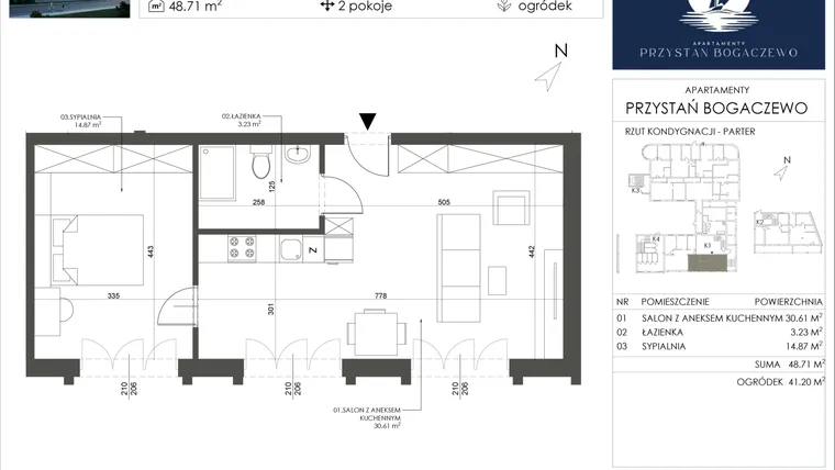 Rzut - Mieszkanie na sprzedaż 2 pokoje o powierzchni 48,71 m² - numer 1 w Przystań Bogaczewo