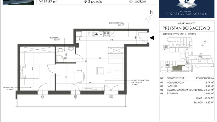 Rzut - Mieszkanie na sprzedaż 2 pokoje o powierzchni 57,87 m² - numer 5 w Przystań Bogaczewo