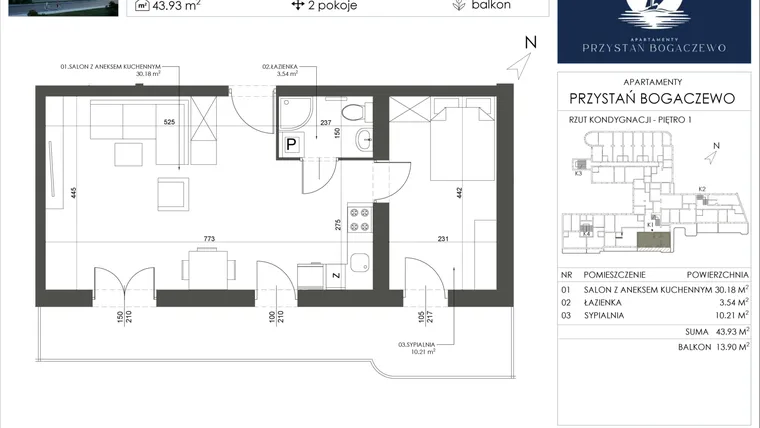 Rzut - Mieszkanie na sprzedaż 2 pokoje o powierzchni 43,93 m² - numer 4 w Przystań Bogaczewo