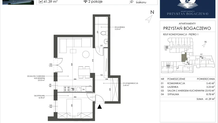 Rzut - Mieszkanie na sprzedaż 2 pokoje o powierzchni 41,39 m² - numer 7 w Przystań Bogaczewo