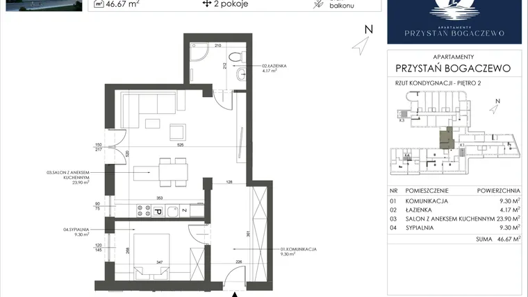 Rzut - Mieszkanie na sprzedaż 2 pokoje o powierzchni 46,67 m² - numer 12 w Przystań Bogaczewo