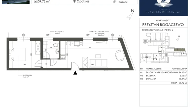 Rzut - Mieszkanie na sprzedaż 2 pokoje o powierzchni 39,72 m² - numer 14 w Przystań Bogaczewo