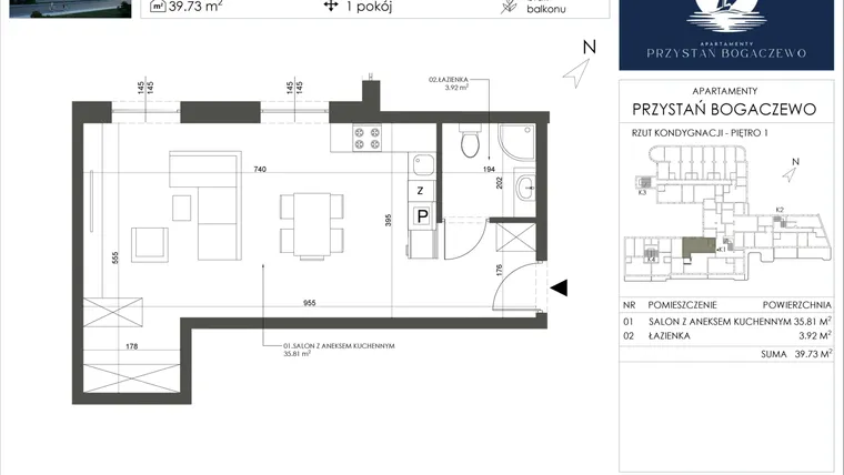 Rzut - Mieszkanie na sprzedaż 1 pokój o powierzchni 39,73 m² - numer 6 w Przystań Bogaczewo