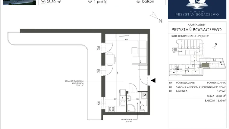 Rzut - Mieszkanie na sprzedaż 1 pokój o powierzchni 34,36 m² - numer 17 w Przystań Bogaczewo