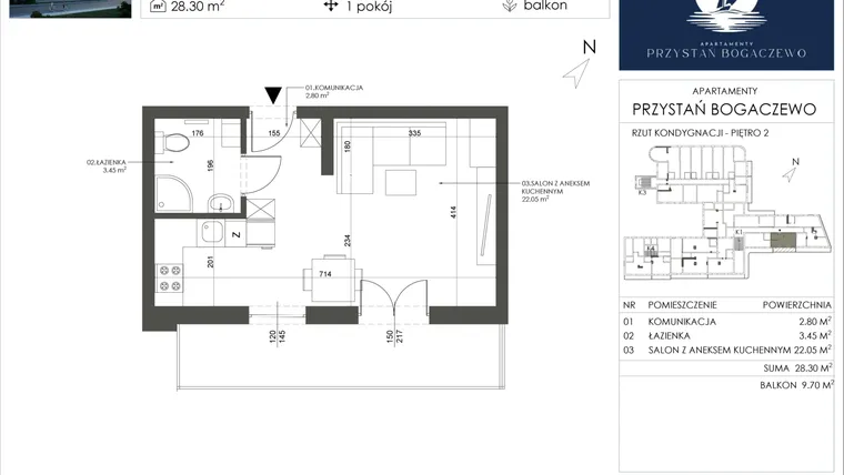 Rzut - Mieszkanie na sprzedaż 1 pokój o powierzchni 28,3 m² - numer 16 w Przystań Bogaczewo