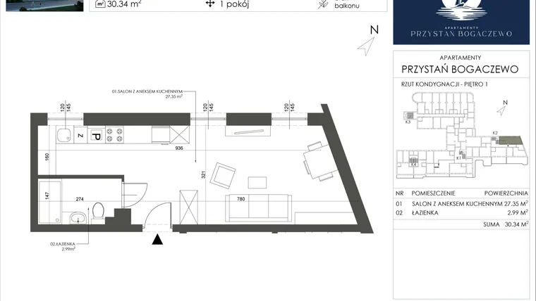 Rzut - Mieszkanie na sprzedaż 1 pokój o powierzchni 30,34 m² - numer 20 w Przystań Bogaczewo