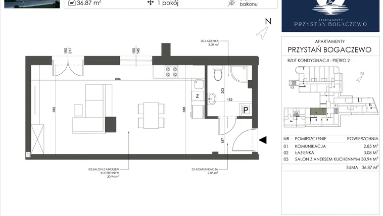 Rzut - Mieszkanie na sprzedaż 1 pokój o powierzchni 36,87 m² - numer 11 w Przystań Bogaczewo