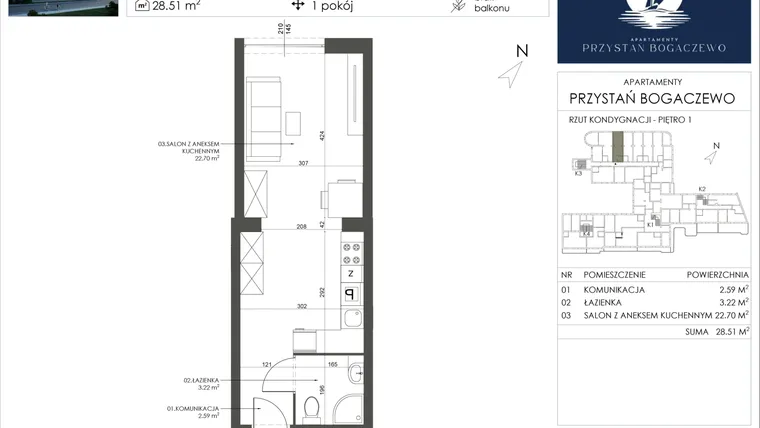 Rzut - Mieszkanie na sprzedaż 1 pokój o powierzchni 28,51 m² - numer 30 w Przystań Bogaczewo