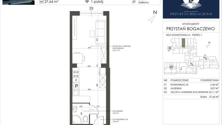 Rzut - Mieszkanie na sprzedaż 1 pokój o powierzchni 27,64 m² - numer 31 w Przystań Bogaczewo