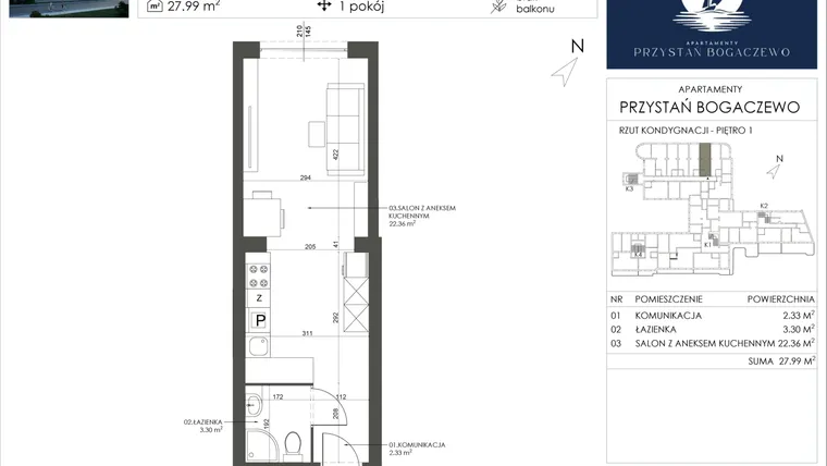 Rzut - Mieszkanie na sprzedaż 1 pokój o powierzchni 27,99 m² - numer 33 w Przystań Bogaczewo