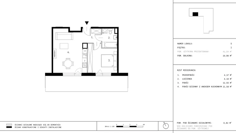 Rzut - Mieszkanie na sprzedaż 2 pokoje o powierzchni 42,84 m² - numer A2.5 w Dzikiej Jabłoni 6A