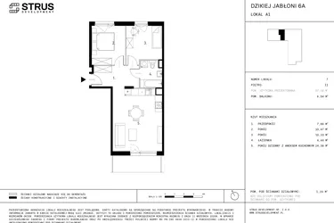 Rzut - Mieszkanie na sprzedaż 3 pokoje o powierzchni 57,06 m² - numer A1.7 w Dzikiej Jabłoni 6A