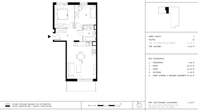 Rzut - Mieszkanie na sprzedaż 3 pokoje o powierzchni 57,06 m² - numer A1.7 w Dzikiej Jabłoni 6A