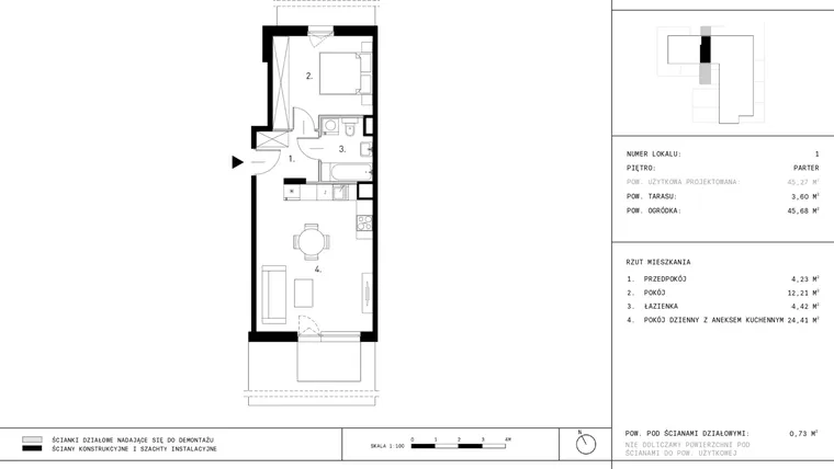 Rzut - Mieszkanie na sprzedaż 2 pokoje o powierzchni 45,27 m² - numer A13.1 w Dzikiej Jabłoni 6A