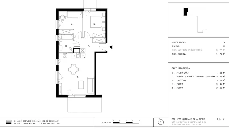 Rzut - Mieszkanie na sprzedaż 3 pokoje o powierzchni 59,77 m² - numer A3.9 w Dzikiej Jabłoni 6A