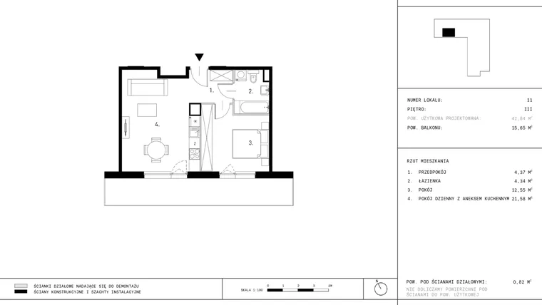Rzut - Mieszkanie na sprzedaż 2 pokoje o powierzchni 42,84 m² - numer A2.11 w Dzikiej Jabłoni 6A