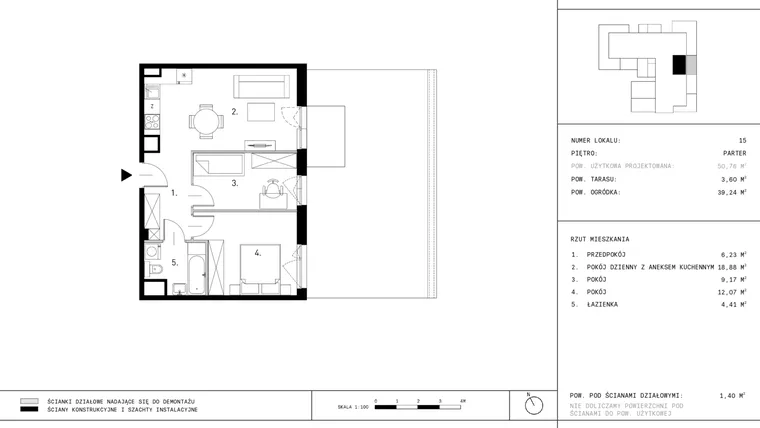 Rzut - Mieszkanie na sprzedaż 3 pokoje o powierzchni 50,76 m² - numer A.11 w Dzikiej Jabłoni 6A