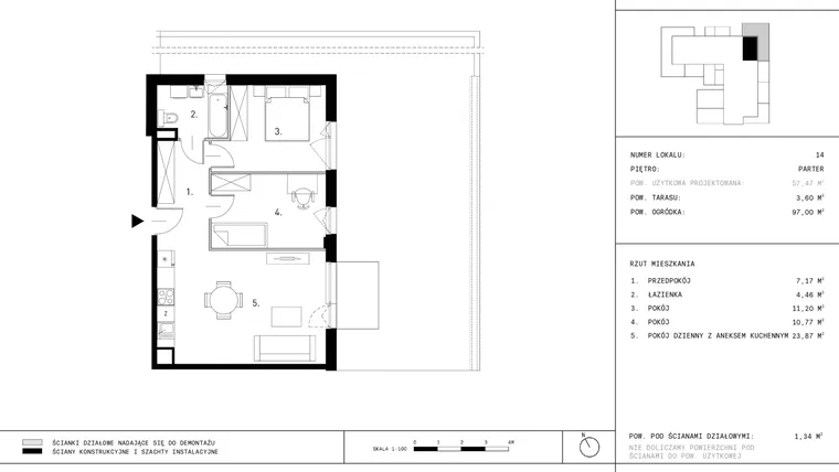 Rzut - Mieszkanie na sprzedaż 3 pokoje o powierzchni 57,47 m² - numer A14.14 w Dzikiej Jabłoni 6A