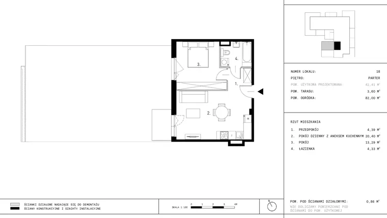 Rzut - Mieszkanie na sprzedaż 2 pokoje o powierzchni 42,41 m² - numer A9.18 w Dzikiej Jabłoni 6A