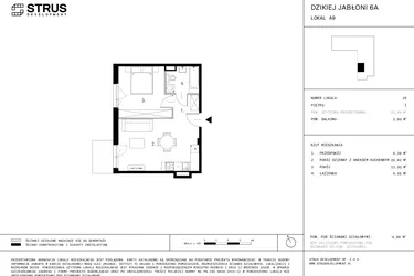 Rzut - Mieszkanie na sprzedaż 2 pokoje o powierzchni 42,46 m² - numer A9.25 w Dzikiej Jabłoni 6A