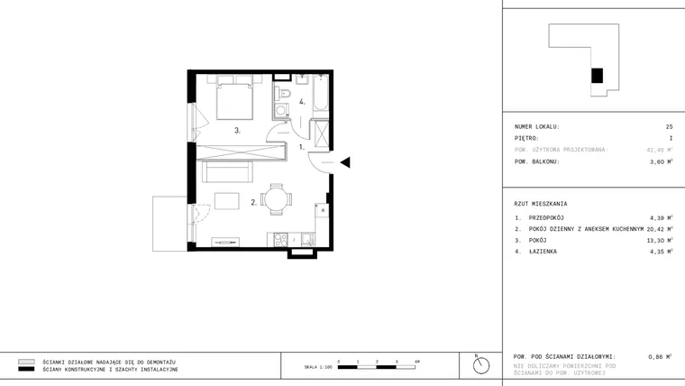Rzut - Mieszkanie na sprzedaż 2 pokoje o powierzchni 42,46 m² - numer A.9 piętro w Dzikiej Jabłoni 6A