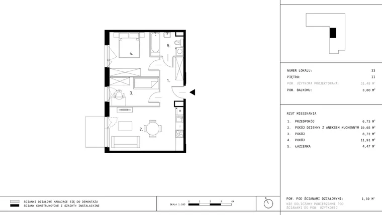 Rzut - Mieszkanie na sprzedaż 3 pokoje o powierzchni 51,48 m² - numer A10.33 w Dzikiej Jabłoni 6A