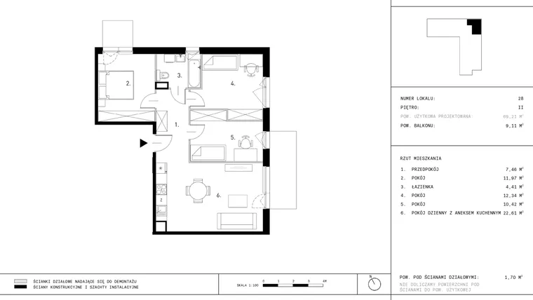 Rzut - Mieszkanie na sprzedaż 4 pokoje o powierzchni 69,21 m² - numer A5.28 w Dzikiej Jabłoni 6A