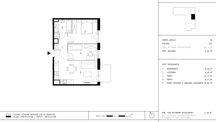 Rzut - Mieszkanie na sprzedaż 3 pokoje o powierzchni 50,73 m² - numer A6.36 w Dzikiej Jabłoni 6A