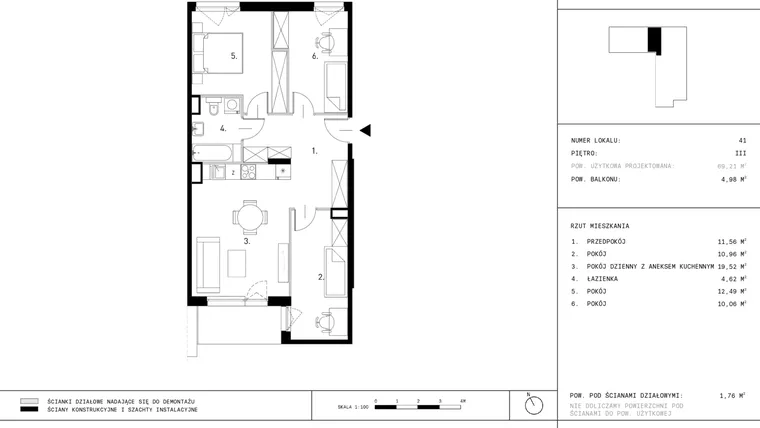 Rzut - Mieszkanie na sprzedaż 4 pokoje o powierzchni 69,21 m² - numer A.4 piętro w Dzikiej Jabłoni 6A