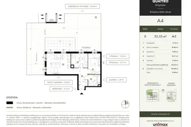 Rzut - Mieszkanie na sprzedaż 3 pokoje o powierzchni 53,53 m² - numer A4 w Quattro Ursynów