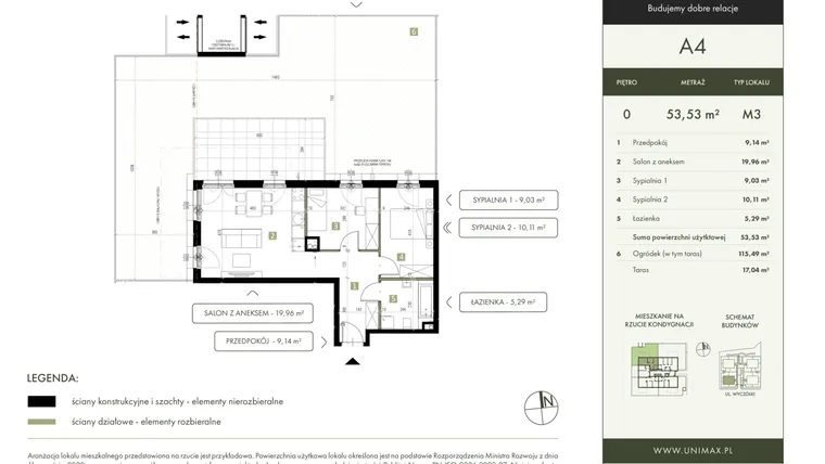 Rzut - Mieszkanie na sprzedaż 3 pokoje o powierzchni 53,53 m² - numer A4 w Quattro Ursynów