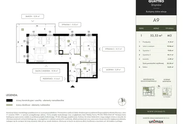 Rzut - Mieszkanie na sprzedaż 3 pokoje o powierzchni 53,53 m² - numer A9 w Quattro Ursynów