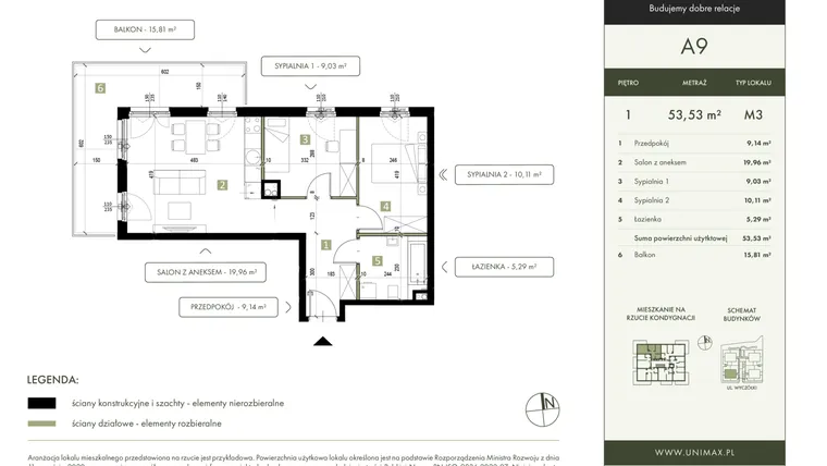 Rzut - Mieszkanie na sprzedaż 3 pokoje o powierzchni 53,53 m² - numer A9 w Quattro Ursynów