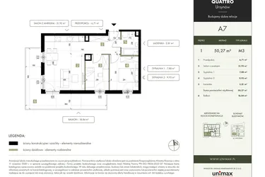 Rzut - Mieszkanie na sprzedaż 3 pokoje o powierzchni 50,27 m² - numer A7 w Quattro Ursynów