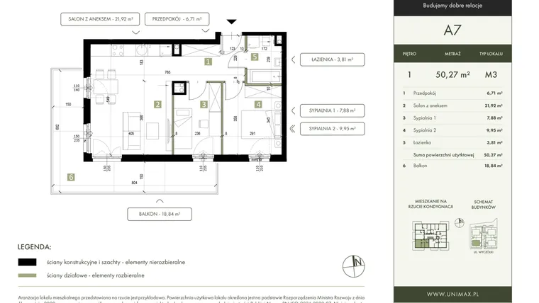 Rzut - Mieszkanie na sprzedaż 3 pokoje o powierzchni 50,27 m² - numer A7 w Quattro Ursynów