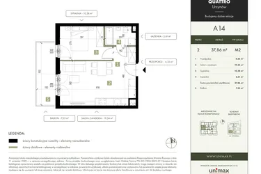 Rzut - Mieszkanie na sprzedaż 2 pokoje o powierzchni 37,86 m² - numer A14 w Quattro Ursynów