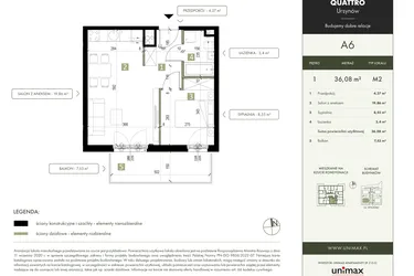 Rzut - Mieszkanie na sprzedaż 2 pokoje o powierzchni 36,08 m² - numer A6 w Quattro Ursynów