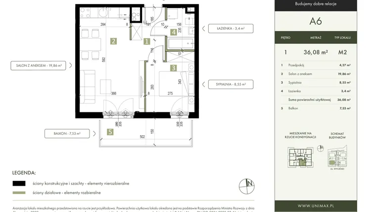Rzut - Mieszkanie na sprzedaż 2 pokoje o powierzchni 36,08 m² - numer A6 w Quattro Ursynów