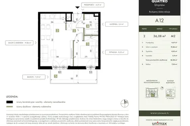 Rzut - Mieszkanie na sprzedaż 2 pokoje o powierzchni 36,08 m² - numer A12 w Quattro Ursynów