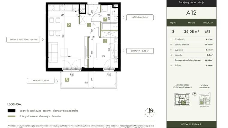 Rzut - Mieszkanie na sprzedaż 2 pokoje o powierzchni 36,08 m² - numer A12 w Quattro Ursynów