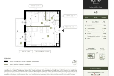 Rzut - Mieszkanie na sprzedaż 2 pokoje o powierzchni 37,86 m² - numer A8 w Quattro Ursynów