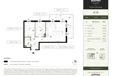 Rzut - Mieszkanie na sprzedaż 3 pokoje o powierzchni 59,65 m² - numer A16 w Quattro Ursynów