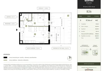 Rzut - Mieszkanie na sprzedaż 2 pokoje o powierzchni 37,86 m² - numer B26 w Quattro Ursynów