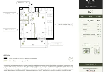 Rzut - Mieszkanie na sprzedaż 2 pokoje o powierzchni 36,08 m² - numer B29 w Quattro Ursynów