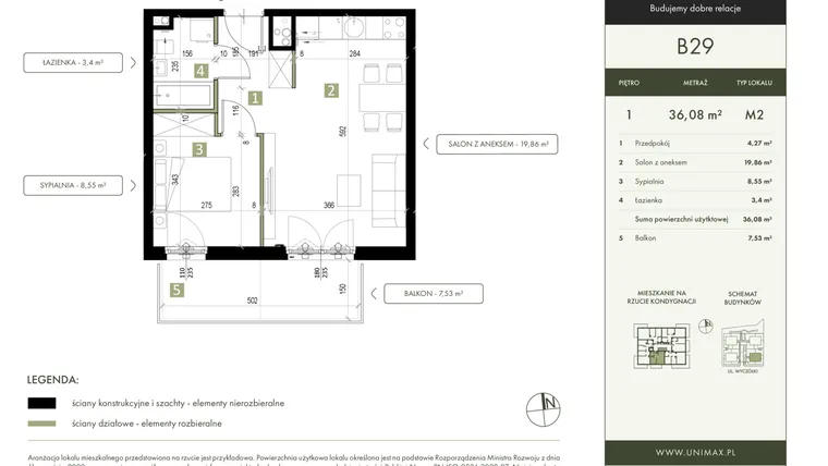 Rzut - Mieszkanie na sprzedaż 2 pokoje o powierzchni 36,08 m² - numer B29 w Quattro Ursynów