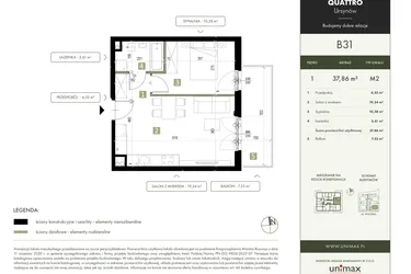 Rzut - Mieszkanie na sprzedaż 2 pokoje o powierzchni 37,86 m² - numer B31 w Quattro Ursynów