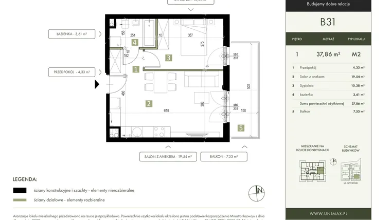 Rzut - Mieszkanie na sprzedaż 2 pokoje o powierzchni 37,86 m² - numer B31 w Quattro Ursynów