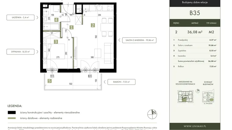Rzut - Mieszkanie na sprzedaż 2 pokoje o powierzchni 36,08 m² - numer B35 w Quattro Ursynów